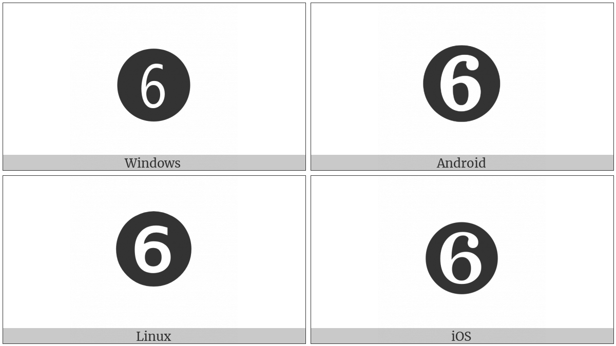 Dingbat Negative Circled Digit Six on various operating systems