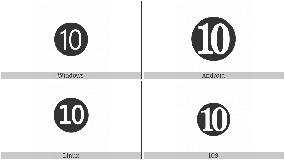 Dingbat Negative Circled Number Ten on various operating systems