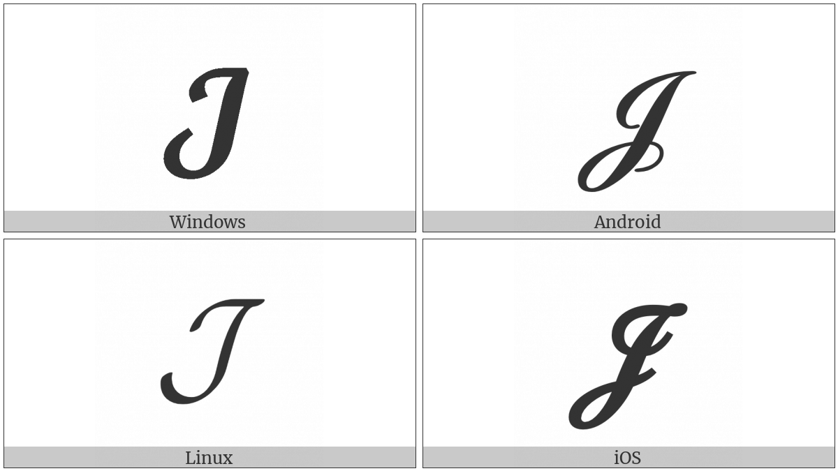 Mathematical Bold Script Capital J on various operating systems