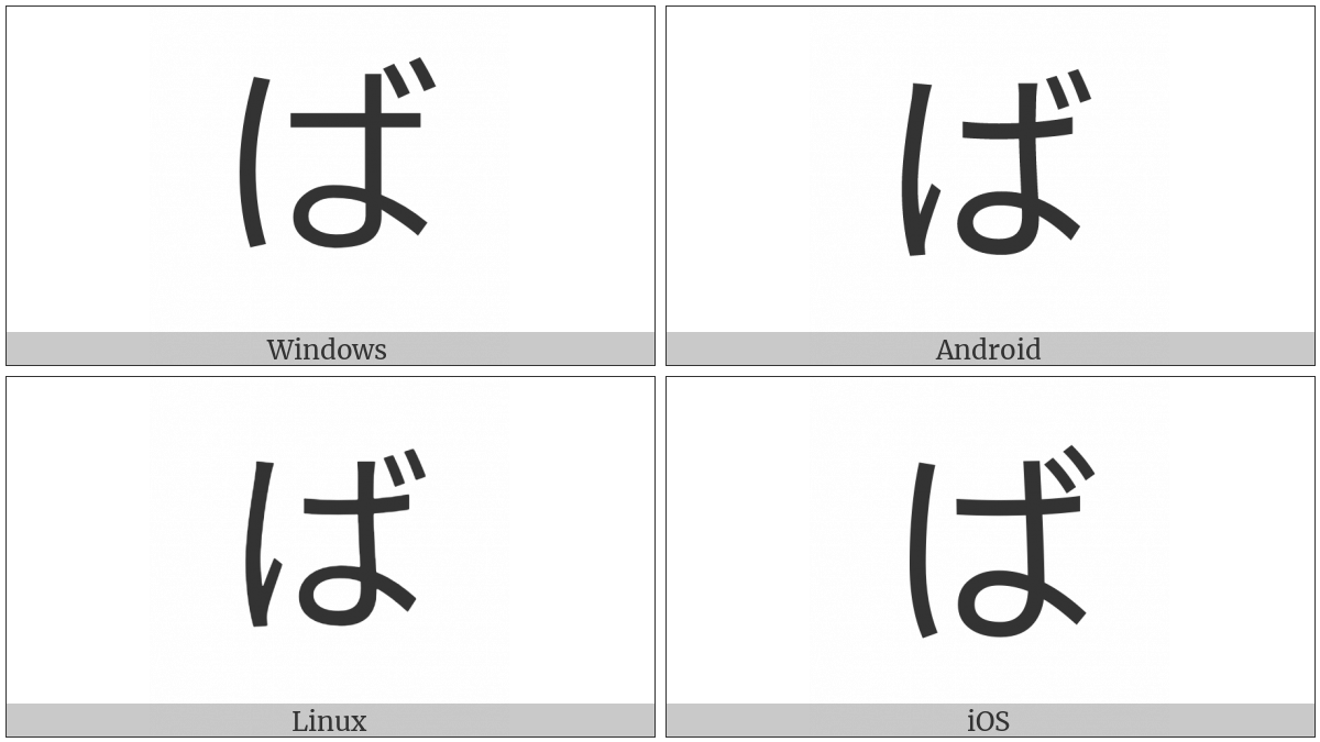 Hiragana Letter Ba on various operating systems