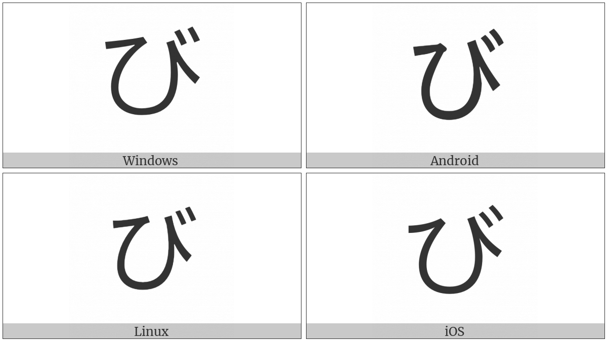 Hiragana Letter Bi on various operating systems