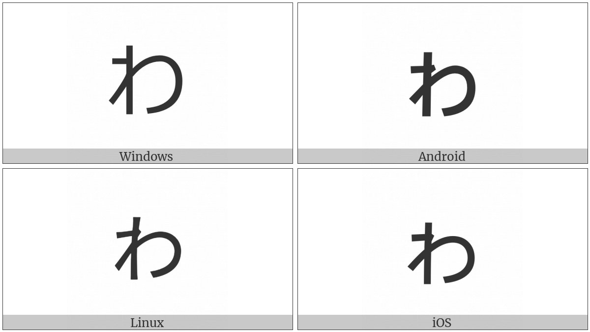 Hiragana Letter Small Wa on various operating systems