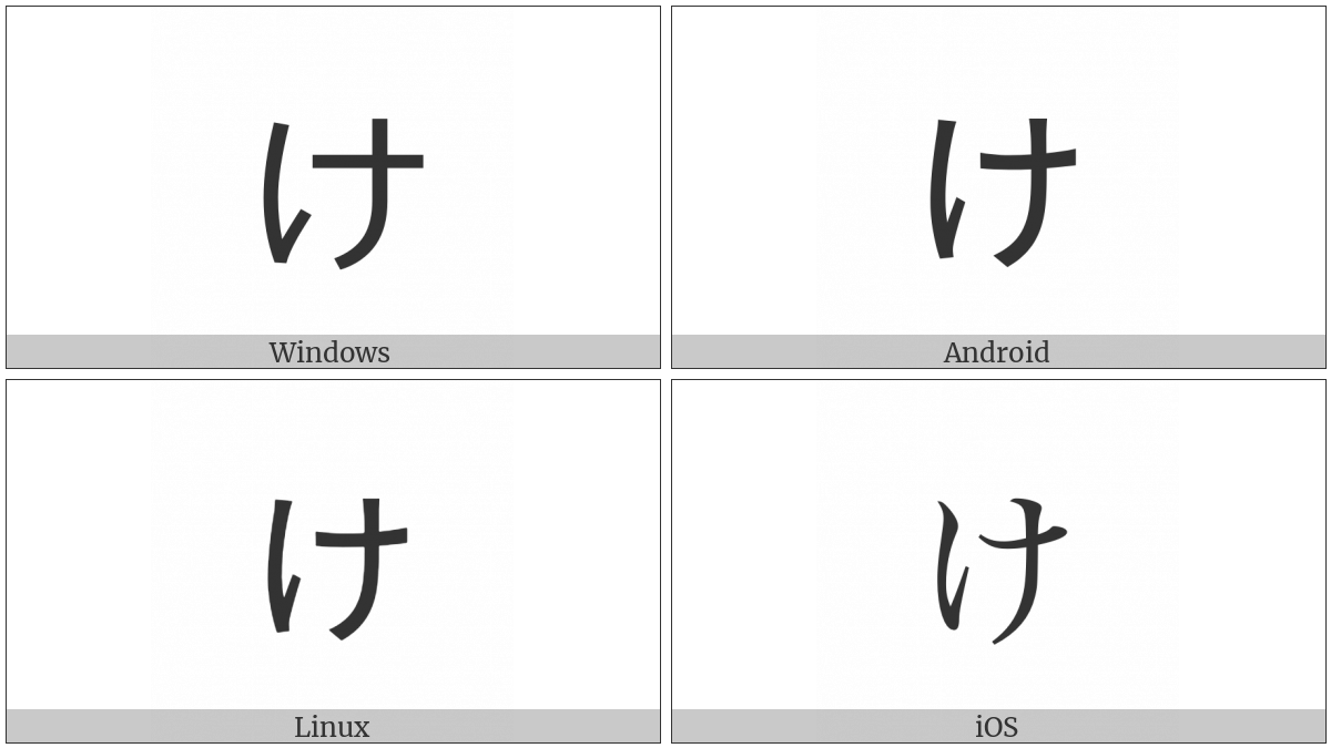 Hiragana Letter Small Ke on various operating systems