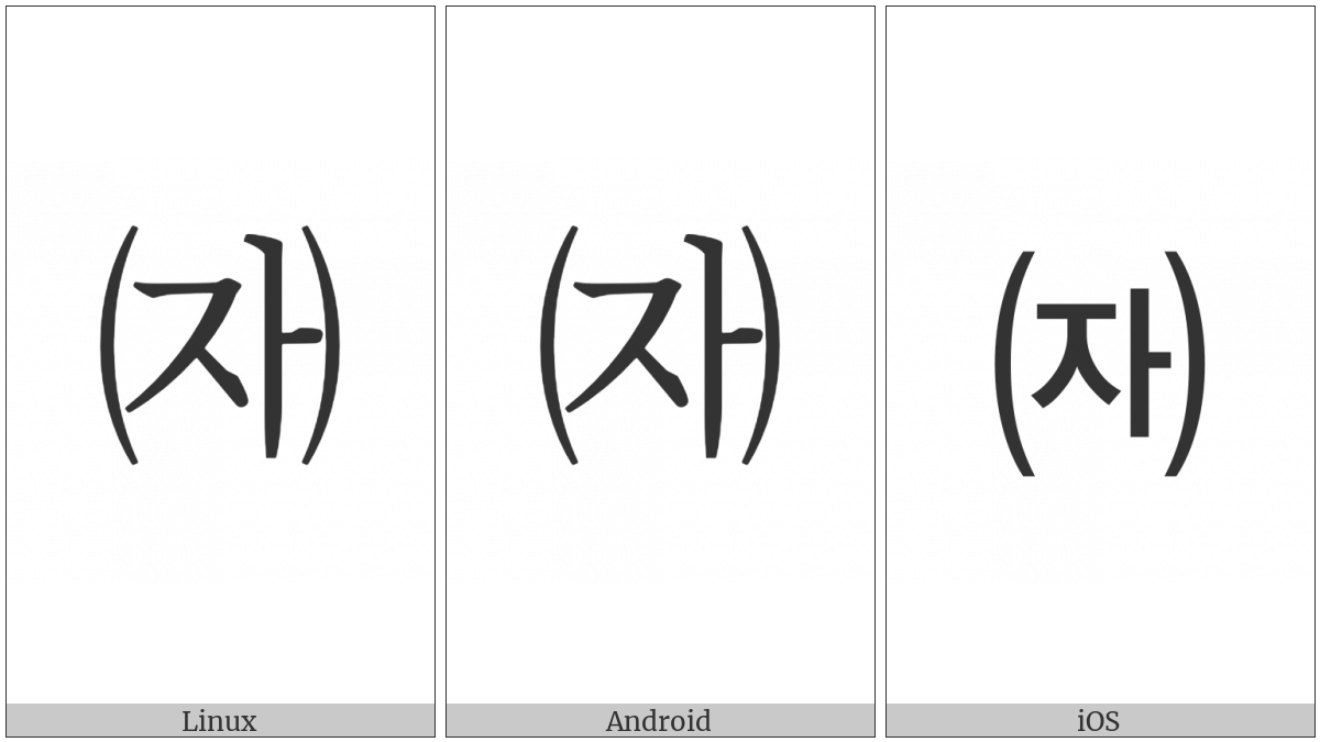 Parenthesized Hangul Cieuc A on various operating systems