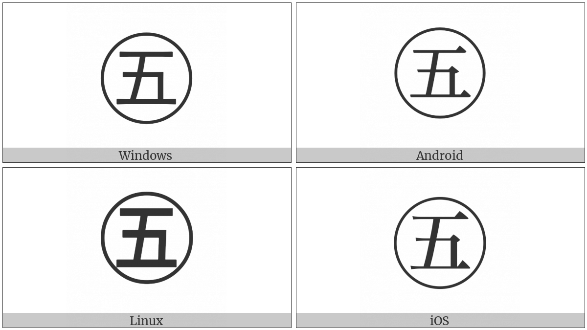 Circled Ideograph Five on various operating systems