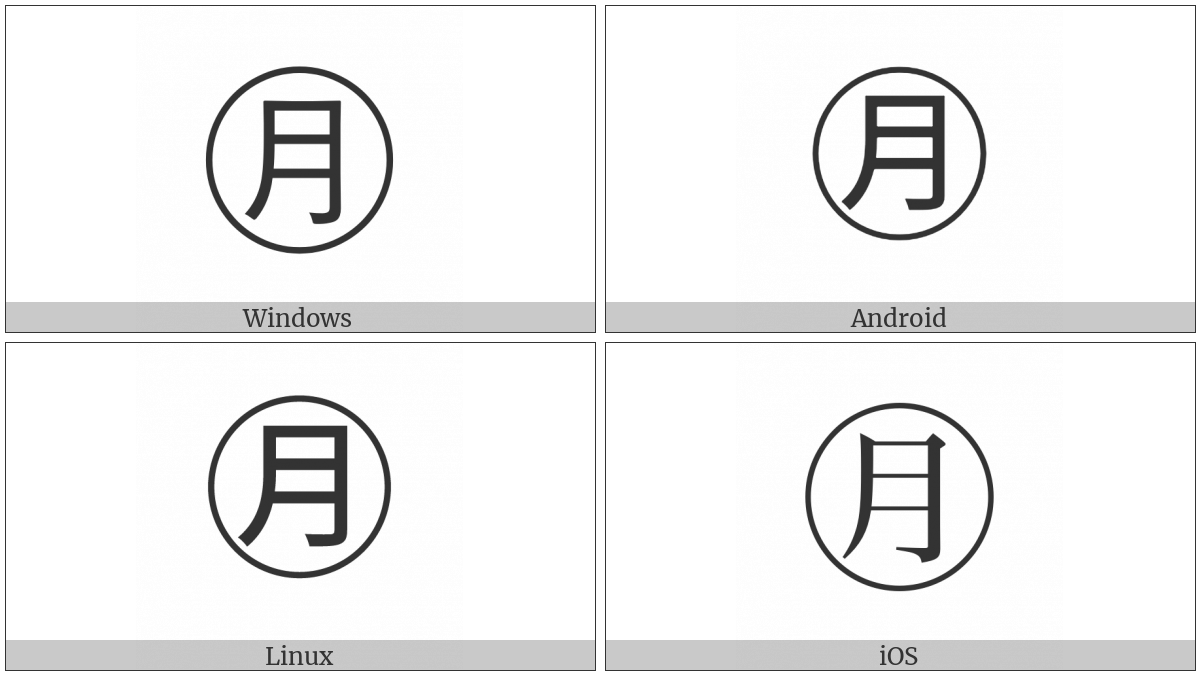 Circled Ideograph Moon on various operating systems