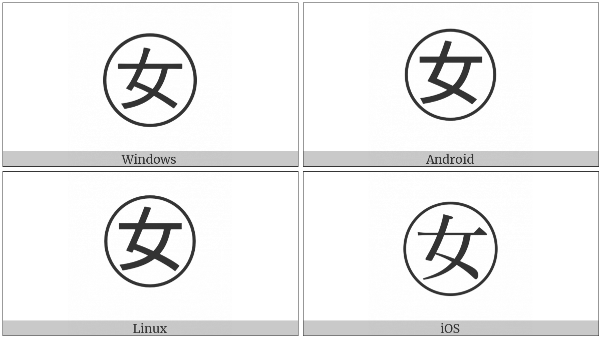 Circled Ideograph Female on various operating systems