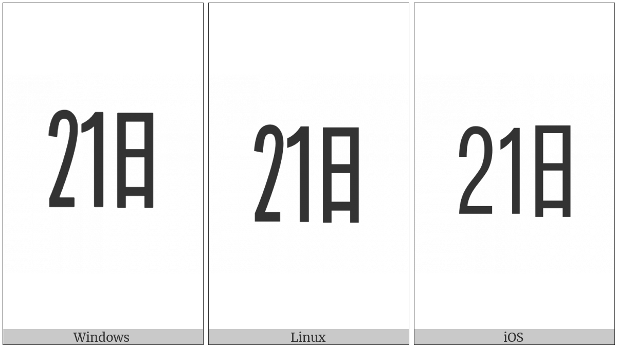 Ideographic Telegraph Symbol For Day Twenty-One on various operating systems