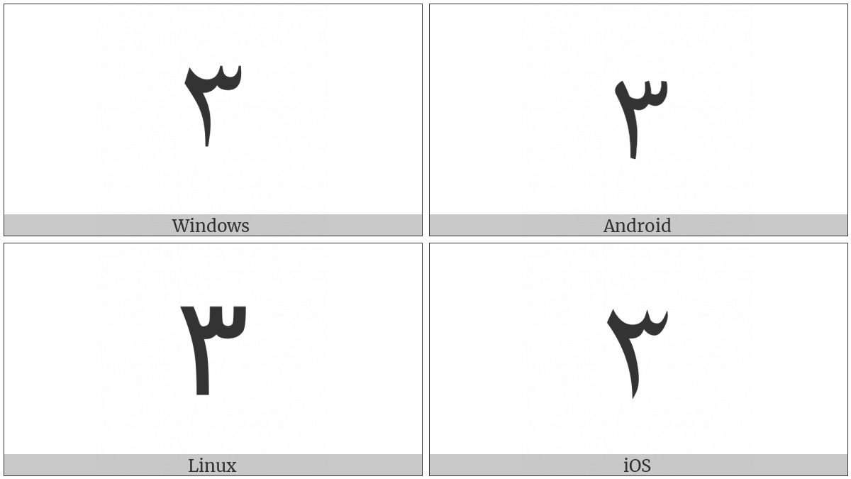 Arabic-Indic Digit Three on various operating systems