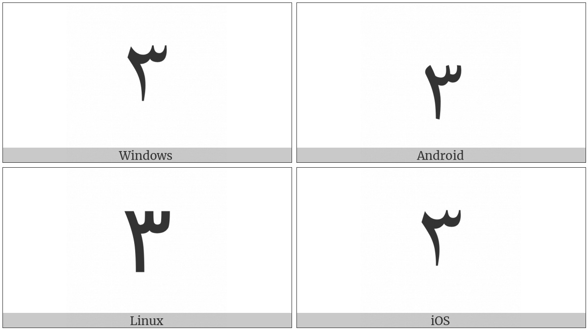 Extended Arabic-Indic Digit Three on various operating systems