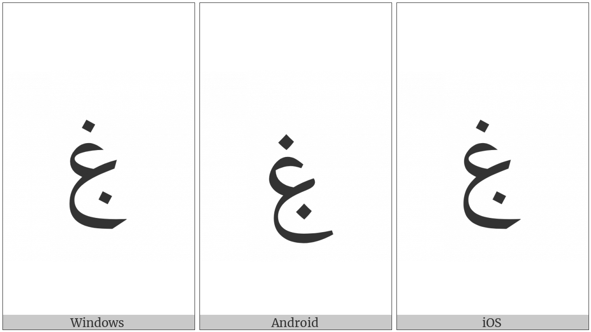 Arabic Letter Ghain With Dot Below on various operating systems