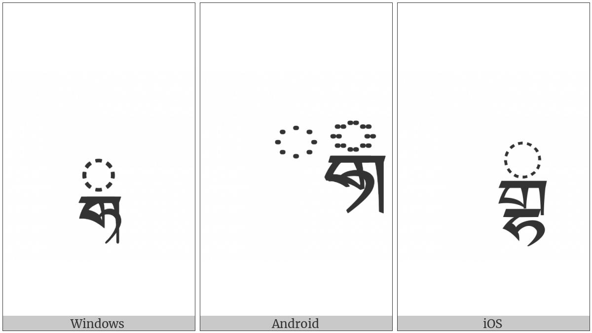 Tibetan Subjoined Letter Gha on various operating systems