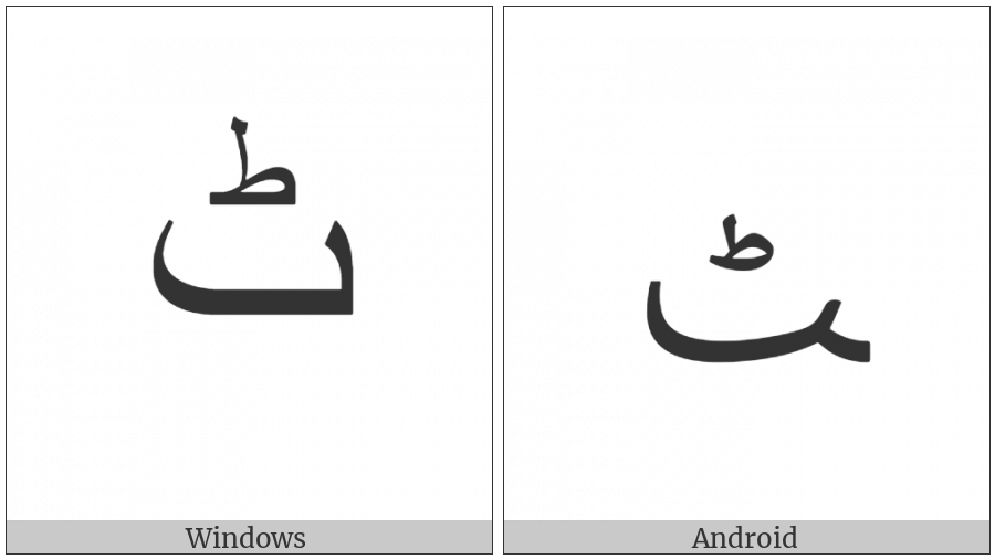 Arabic Letter Tteh Final Form on various operating systems