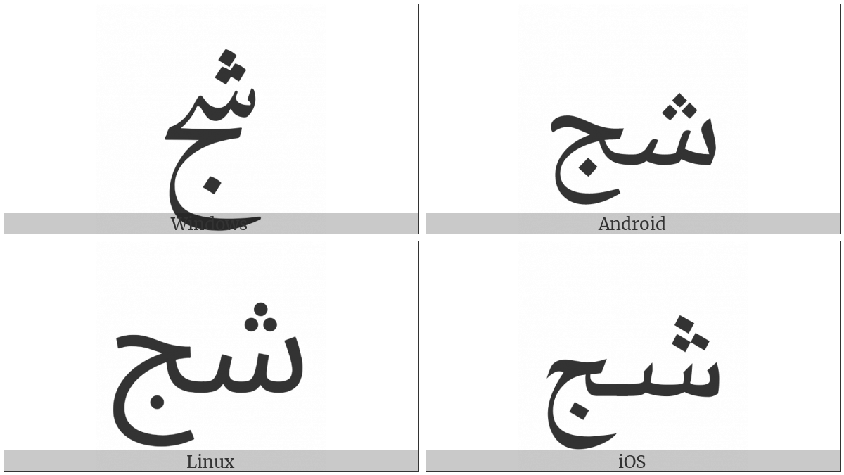 Arabic Ligature Sheen With Jeem Isolated Form on various operating systems