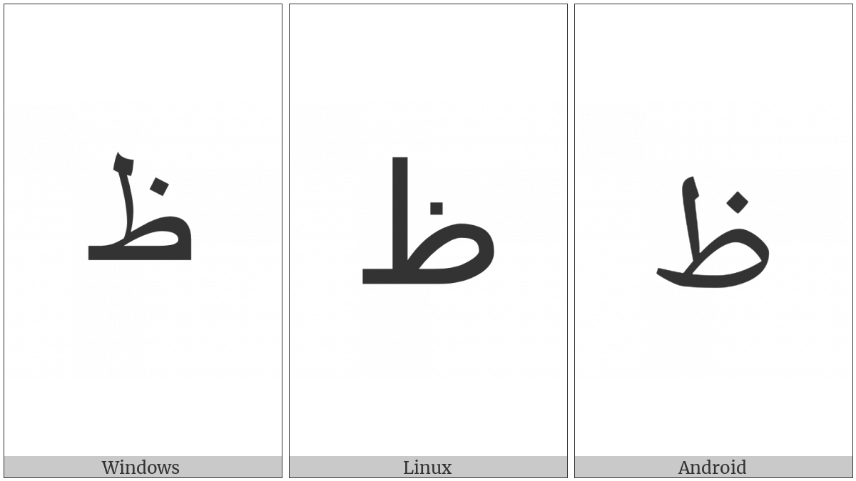 Arabic Letter Zah Isolated Form on various operating systems