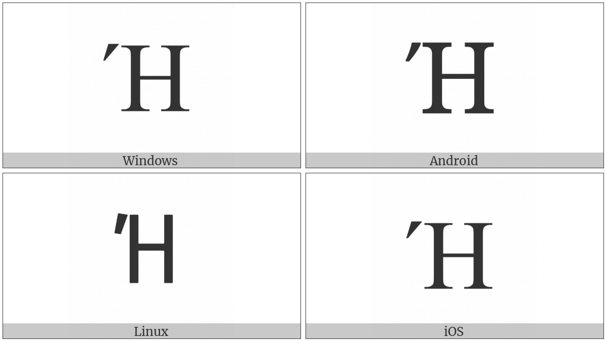 Greek Capital Letter Eta With Tonos on various operating systems