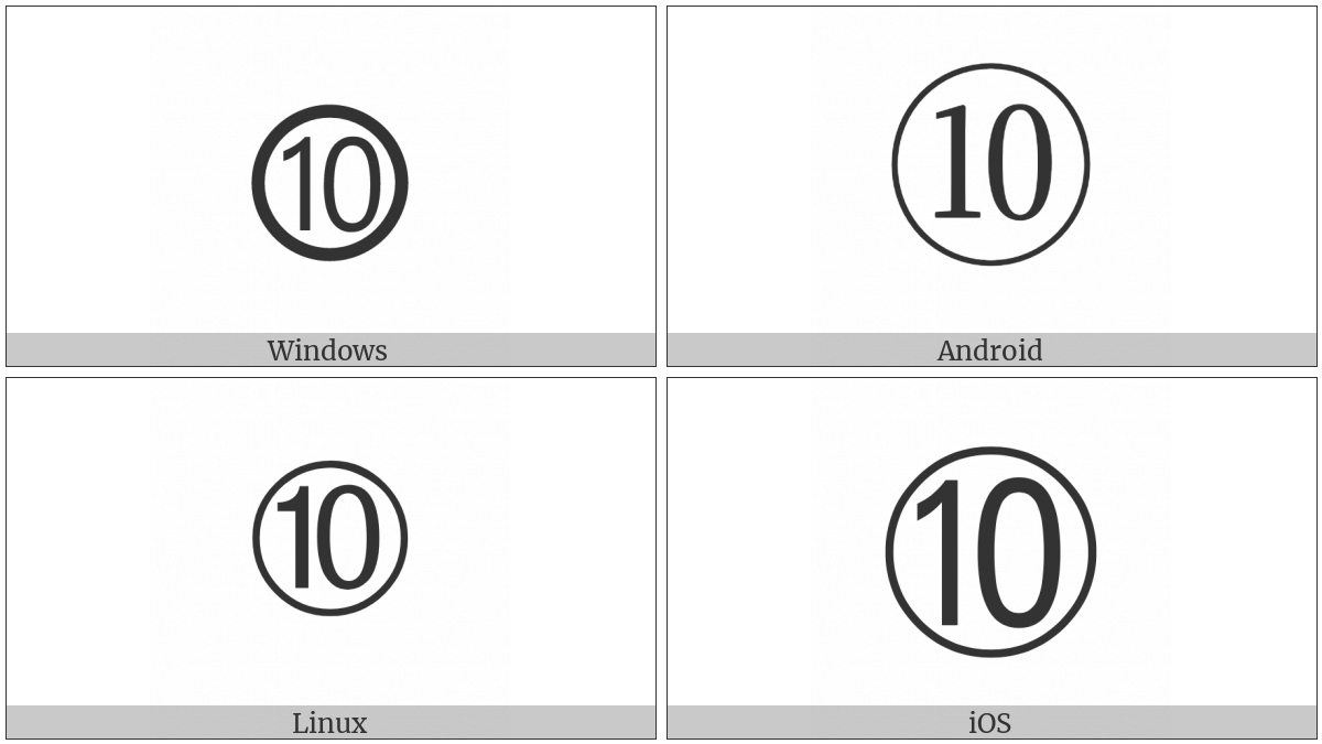 Circled Number Ten on various operating systems